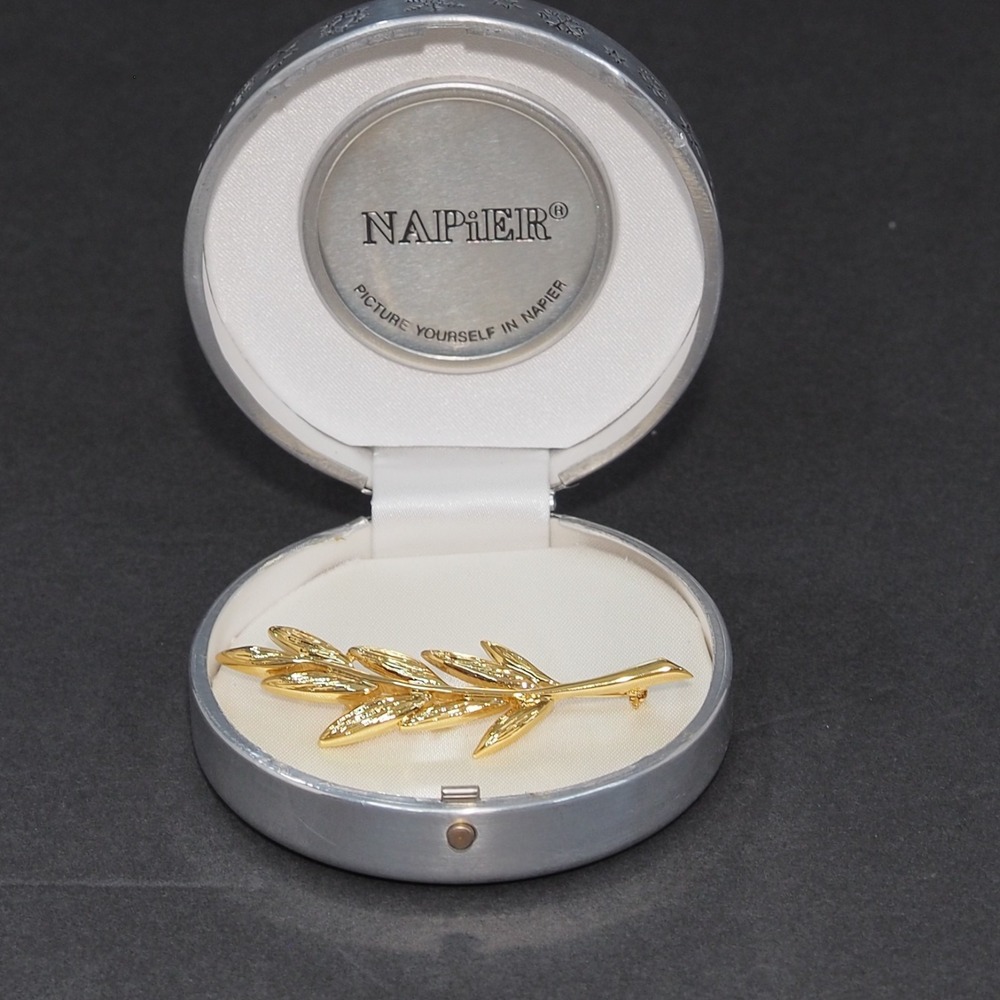 VTG Napier Brooch Gold Tone Leaf Branch Wheat Pin Botanical Gift Box Cinch Clip